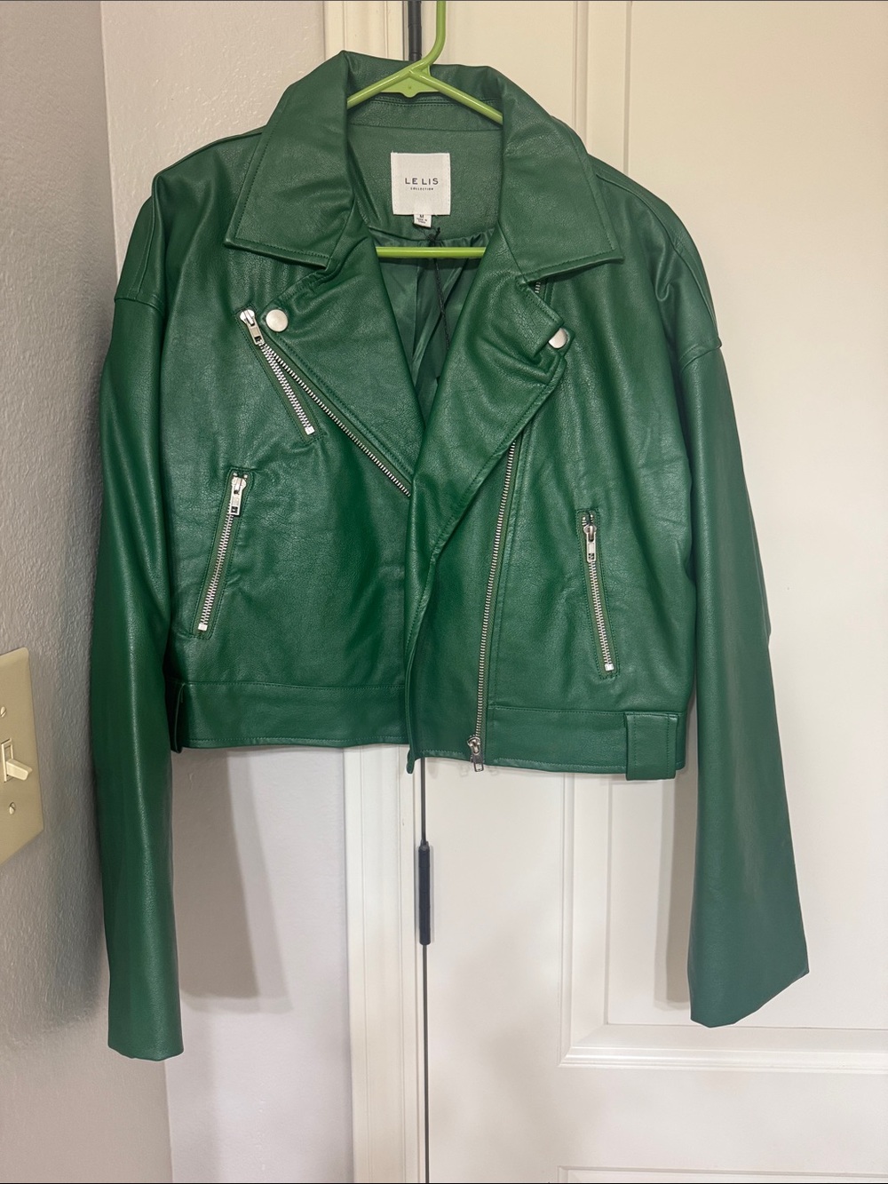 Le Lis Green Vegan Leather Moto Jacket